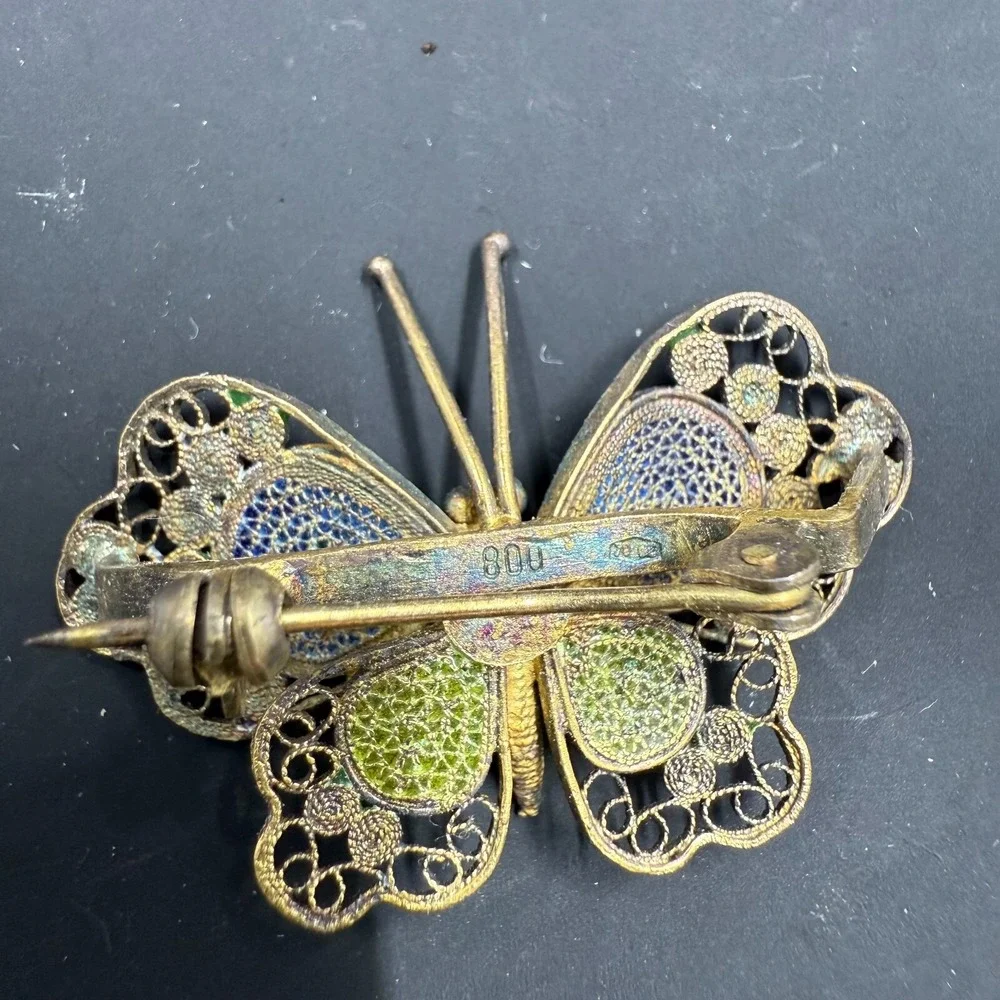 Vintage 800 Silver Filigree Enamel Butterfly Brooch‎ Blue Green Yellow Pin